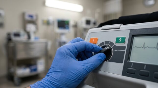 Medical professional operating defibrillator in a hospital emergency room