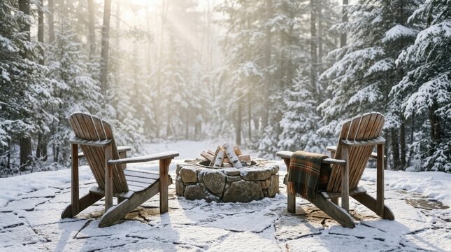Cozy winter fire pit with wooden chairs in snowy forest landscape