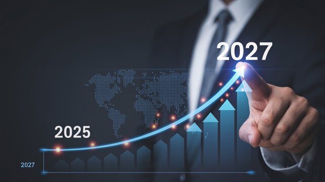 Businessman touching virtual screen showing rising growth chart for business years 2025 to 2027