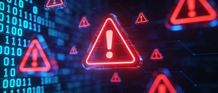 Cybersecurity alert warning symbol with digital binary code background