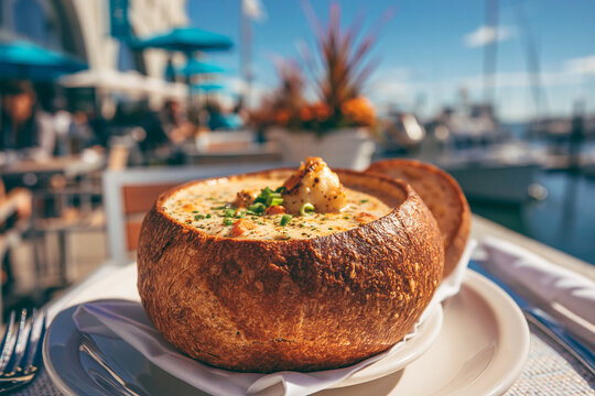 Authentic Clam Chowder in Bread Bowl at Boston Harbor Outdoor Dining 