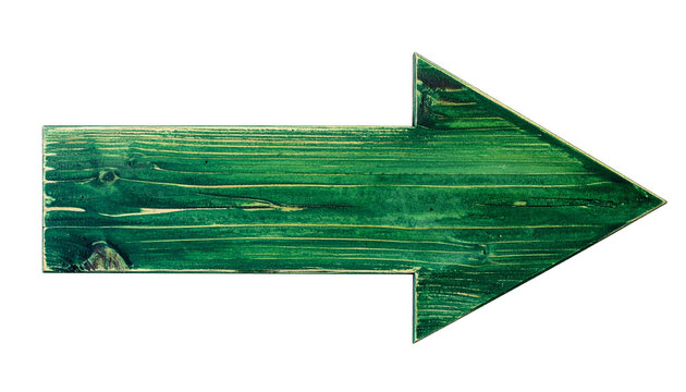 Rustic green wooden arrow pointing right isolated on white background for design elements