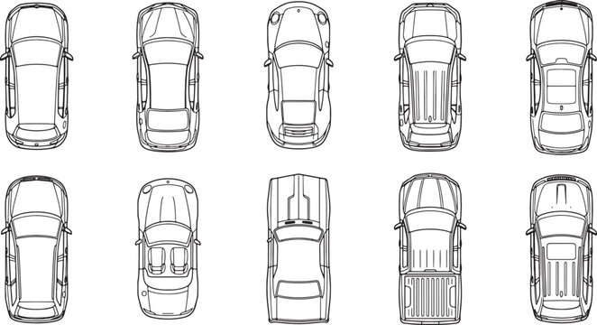 Set of ten top view car silhouettes outline icons for architectural plans and graphic design layouts