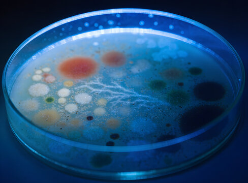 Macro photography of a petri dish with colorful bacterial colony growth, illuminated with blue laboratory light, dark background, scientific concept