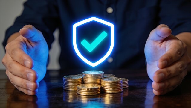 Hands protecting stack of gold coins with glowing digital security shield