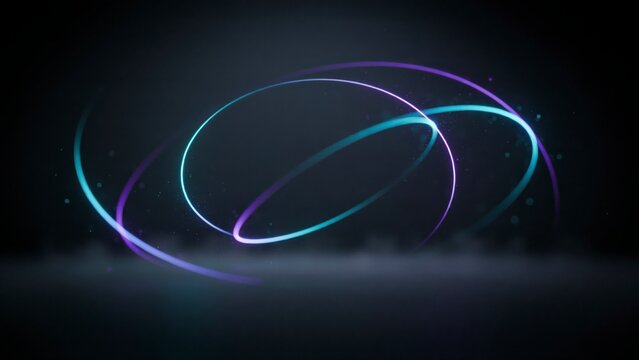 Glowing cyan and purple light trails in elliptical motion on dark background