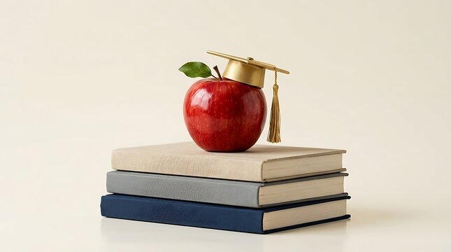 Red apple wearing a graduation cap resting on a stack of three hardcover books on a plain background, symbolizing education and academic success