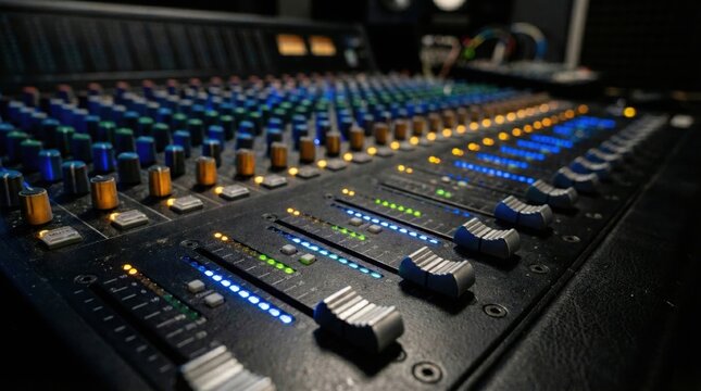 Hyper-realistic macro close-up of a professional audio mixing console filling the frame with rows of illuminated blue, amber and green LED fader channels