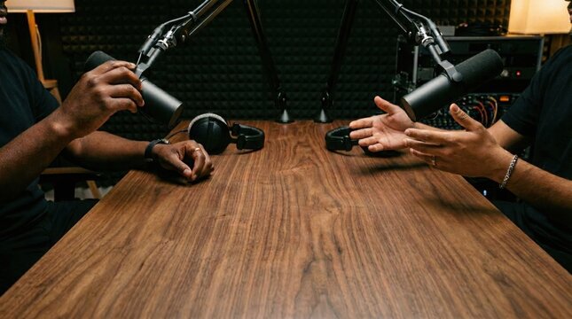 Two pairs of hands &mdash; one dark-toned, one olive-toned &mdash; reaching across a shared studio desk toward their respective microphones in a collaborative podcast interview setup