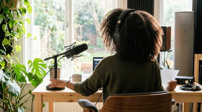 Rear three-quarter view of a person with natural coily hair wearing headphones and sitting at a podcast desk in a sunlit room