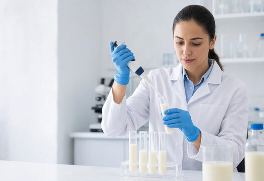 Scientist testing milk samples with pipette and test tubes in a bright laboratory while wearing gloves and a lab coat. The scene shows food testing and quality control procedures.