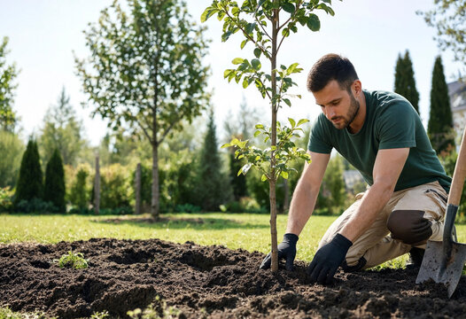 Man kneeling and planting a young tree in a sunny garden while preparing soil and using gloves and a shovel. The scene shows outdoor gardening and landscaping activity with green background.