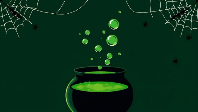 Witch cauldron with green bubbling magic potion and spider webs for halloween