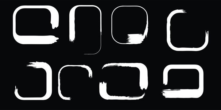 Abstract Hand Drawn Japanese Calligraphy Brush Stroke Open Rounded Square Frames Collection Vector Illustration Isolated on Dark Background   