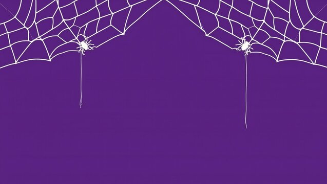 White spider webs with two small spiders hanging from the top corners on a solid dark purple background for halloween party decorations