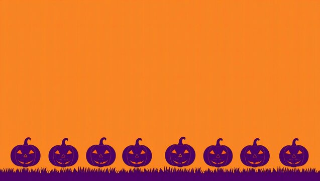 Row of purple carved jack o lantern pumpkins on grass against an orange background for halloween