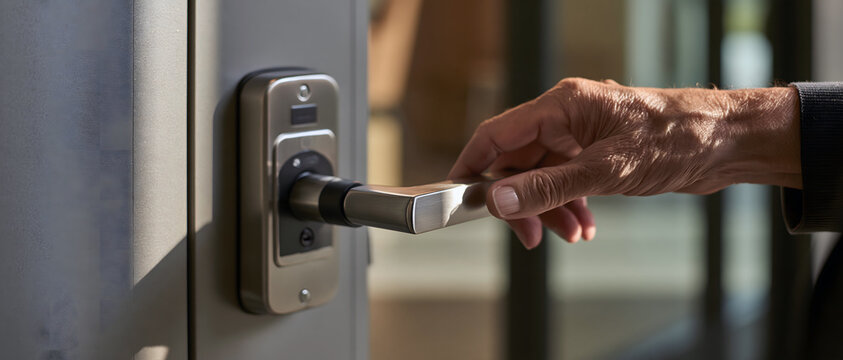Older adult hand opening glass door with metal lever handle in sunlight, representing accessible entry, independence, and everyday home access