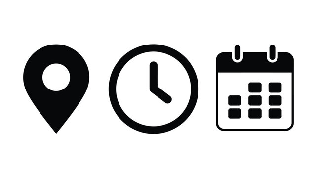 Calendar, clock, and location pin icons. Time, date, and address icon vector set for events, banner, poster, meeting, agenda, invitation and business card. Vector EPS10
