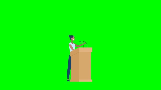 African-american woman speaker talking behind tribunes with mic. Political debates, corporate conference presentation, public speaking speech or business discussion. 2d flat animation. Alpha channel