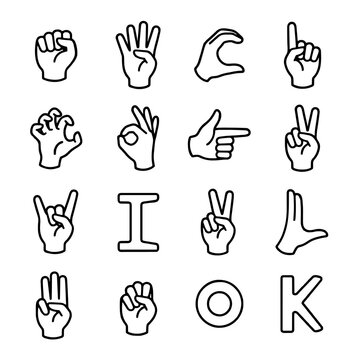 Sign Language Alphabet and Hand Gestures Icon Set Vector Illustration | Communication and Deaf Symbols Graphic