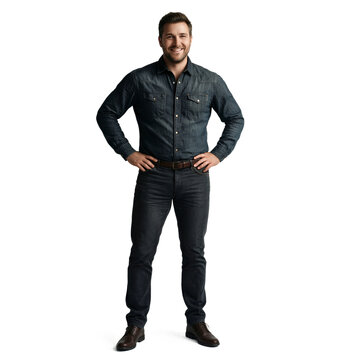 Man denim shirt chinos standing isolated on a transparent background for professional commercial photography and corporate marketing projects