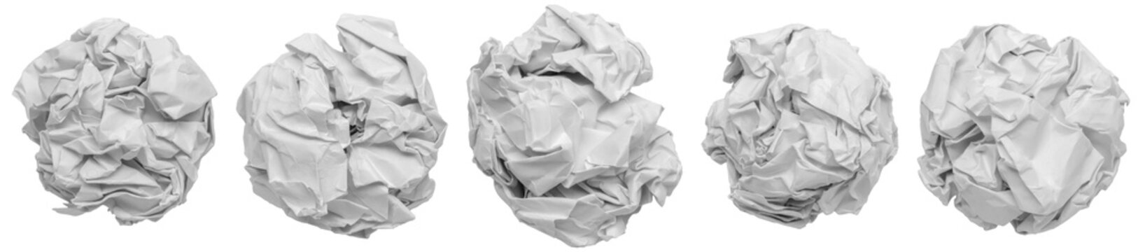 Crumpled white paper ball set isolated on white background