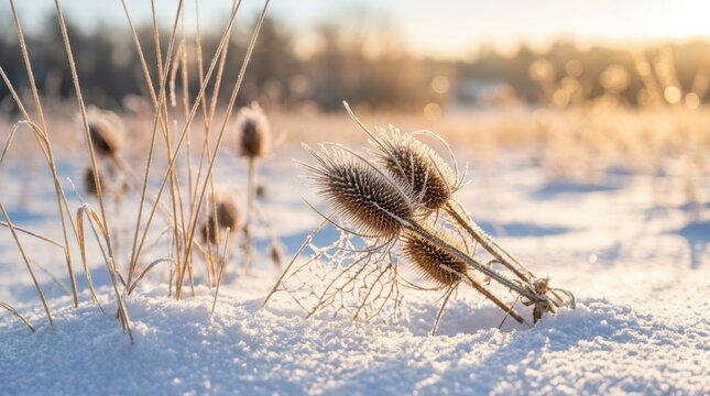 Frozen teasel seed heads and dry grass covered with morning frost