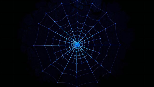 Glowing blue spider web pattern with digital lines on a dark black background