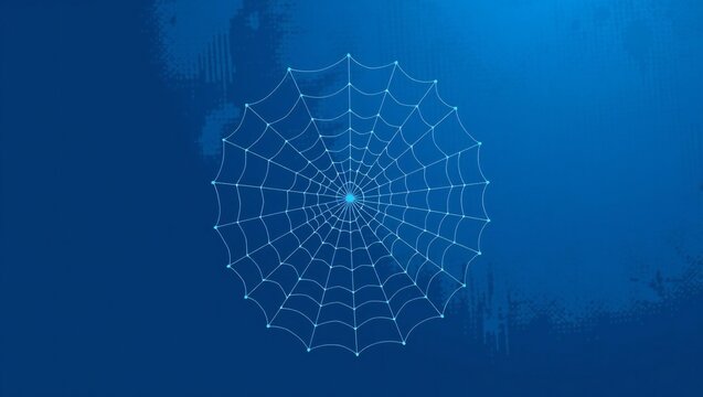 Abstract digital spider web made of glowing lines and dots on a dark blue background