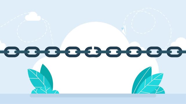 A weak link. Black broken chain. Broken or unleashed black chain like freedom icon. Concept of lost control sign or system vulnerability or security risk. 2d flat animation