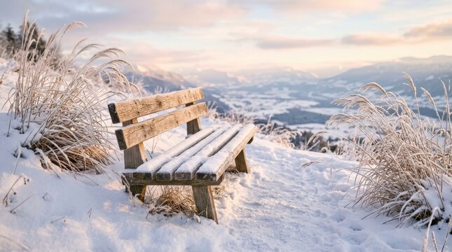 Snowy wooden bench on a mountain peak with winter landscape view