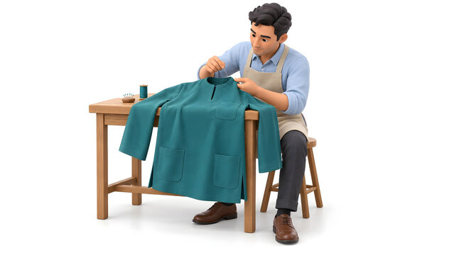 A male tailor hand stitches the neckline of a teal Baju Melayu at a wooden table, illustrated in clay style against a clean white background.