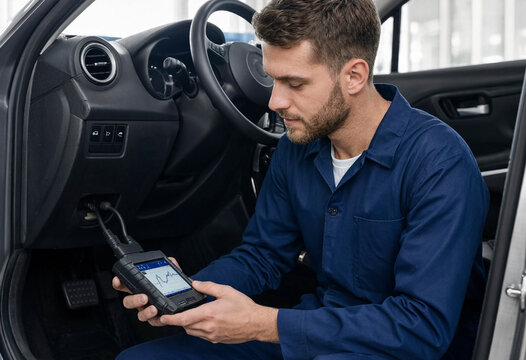 Mechanic using diagnostic scanner to check vehicle systems while seated inside a car. Technician in blue coveralls operating handheld code reader near steering wheel.