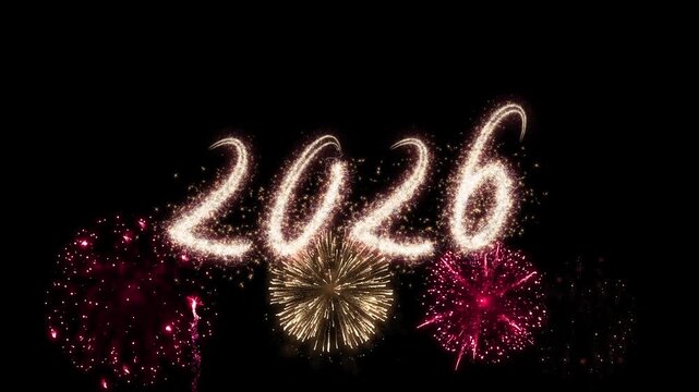 Amazing real beautiful colorful fireworks background on celebration night event for happy new year party, Abstract Multi color golden firework in the night sky. Happy New Year and Merrry Christmas con