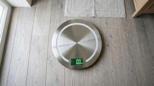 Modern Digital Bathroom Scale Placed on Wooden Floor for Body Weight Measurement and Health Tracking Concept in a Minimalist Domestic Bathroom Setting