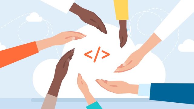 PC language learning. People's hands hold programming icon. Online programing or coding or mobile app or website development course banner design concept. 2d flat animation