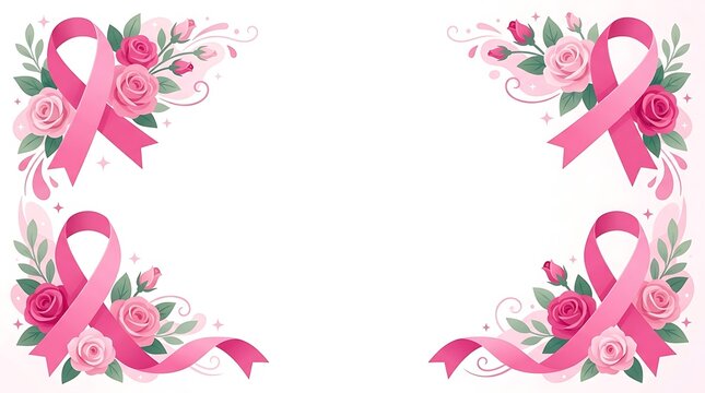 Elegant white background with decorative pink ribbons and roses in all four corners, symbolizing breast cancer awareness and support.