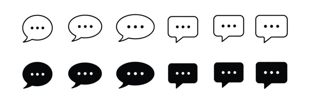 Chat message icon set, speech bubble and comment symbols representing dialogue, communication, messaging, user interface, app design, and digital interaction.