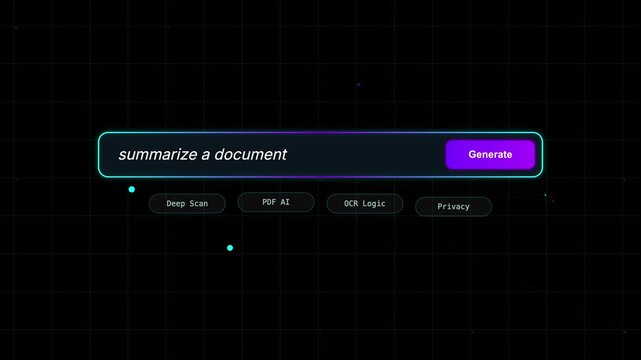 Artificial intelligence interface for document summary, AI text generation search bar on dark grid background, digital workspace UI for PDF analysis