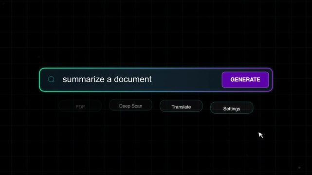 Artificial intelligence search bar for document summarization, AI text generator interface with purple button, smart document analysis tool UI