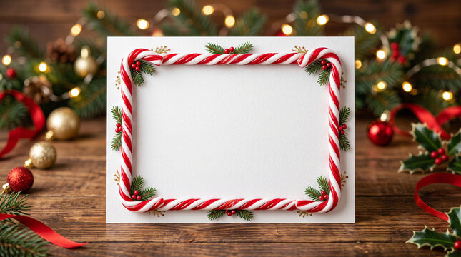 Blank holiday card with candy cane border framed in festive greenery on rustic wooden surface