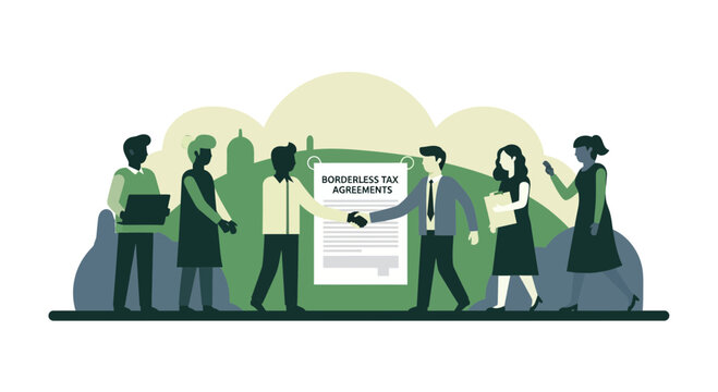 Global Business Professionals Handshake for Borderless Tax Agreements Concept Illustration