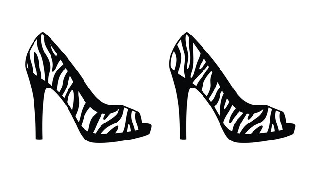 Zebra print high heeled shoes black and white silhouette on a white background
