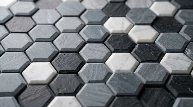 Modern Hexagonal Stone Tile Pattern Featuring Alternating Shades of Charcoal Grey and White Marble Surfaces for Contemporary Architectural Interior