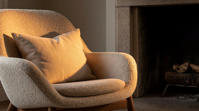 Boucle armchair illuminated by warm firelight beside a stone hearth with a loose cushion