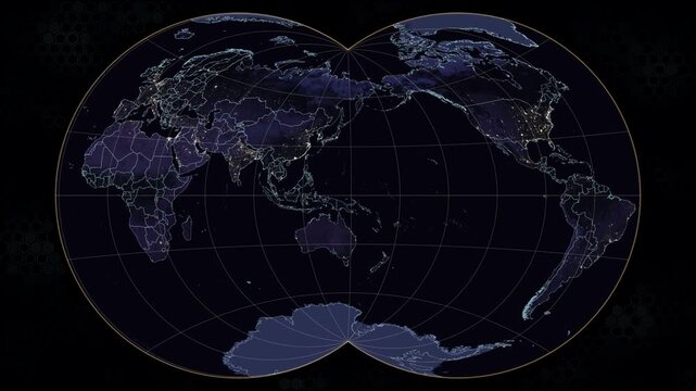 Van Der Grinten 4 projection world map. Earth at night with glowing city lights, neon borders, amber graticule lines. Animated rotation. Hexagonal dark background. Seamless loop. 4K resolution.