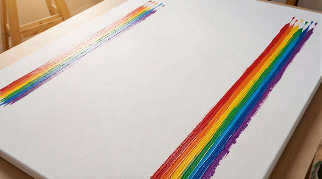 Rainbow paint strokes across white canvas showing two sets of paintbrush marks leading from opposite edges with bold wide and small tracks