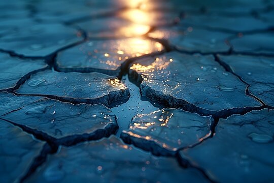 A close-up of dry cracked earth with small pools of water reflecting warm golden light creating a dramatic and serene scene.