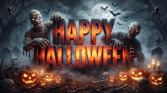 Happy Halloween Greeting with Mummy and Zombie at Haunted Graveyard