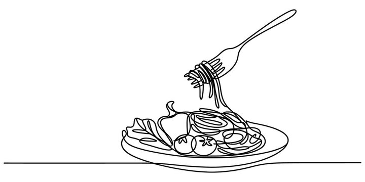 Simple line art illustration of a fork lifting spaghetti from a plate